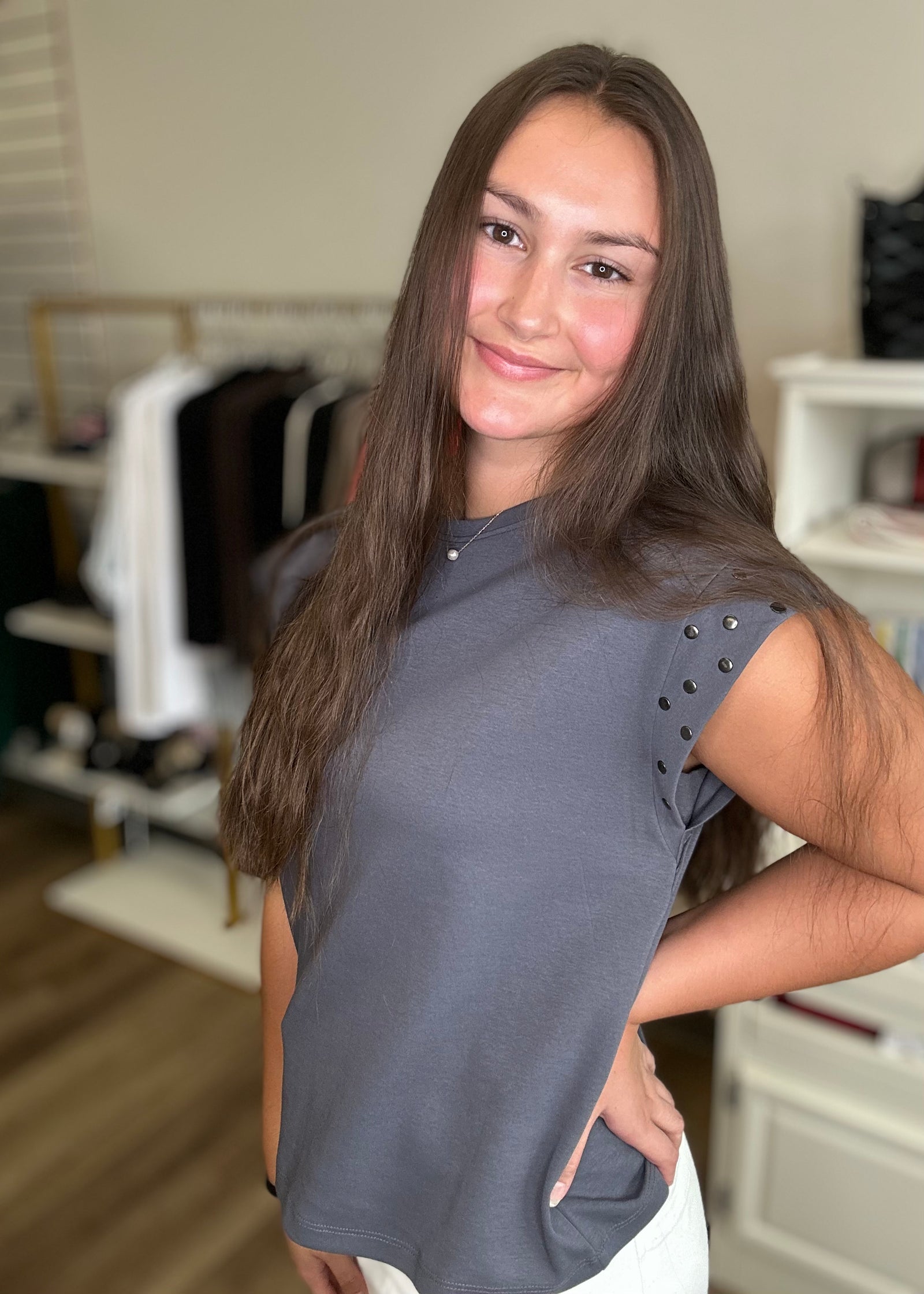 Embellished Grey Top - B3 Boutique, LLC