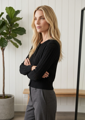 Black Pointelle Knit Cardi