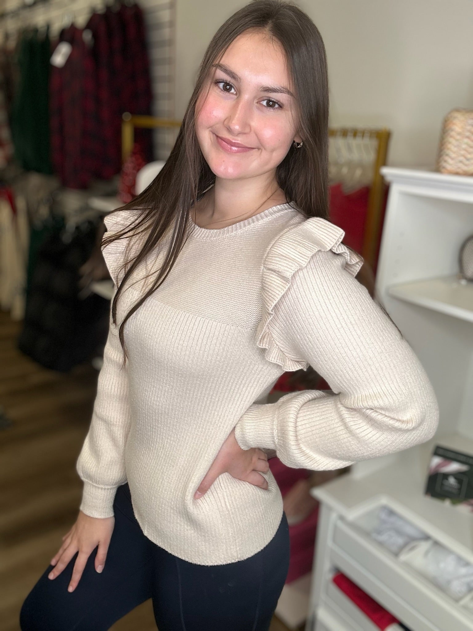 Cream Ruffle Shoulder Sweater - B3 Boutique, LLC