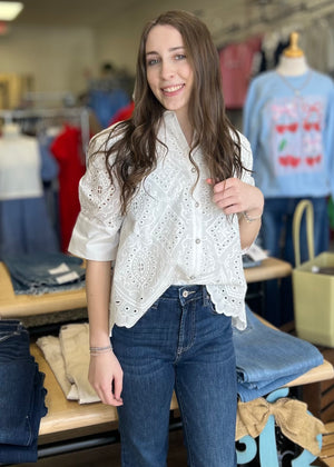 White Lined Eyelet Top - B3 Boutique, LLC