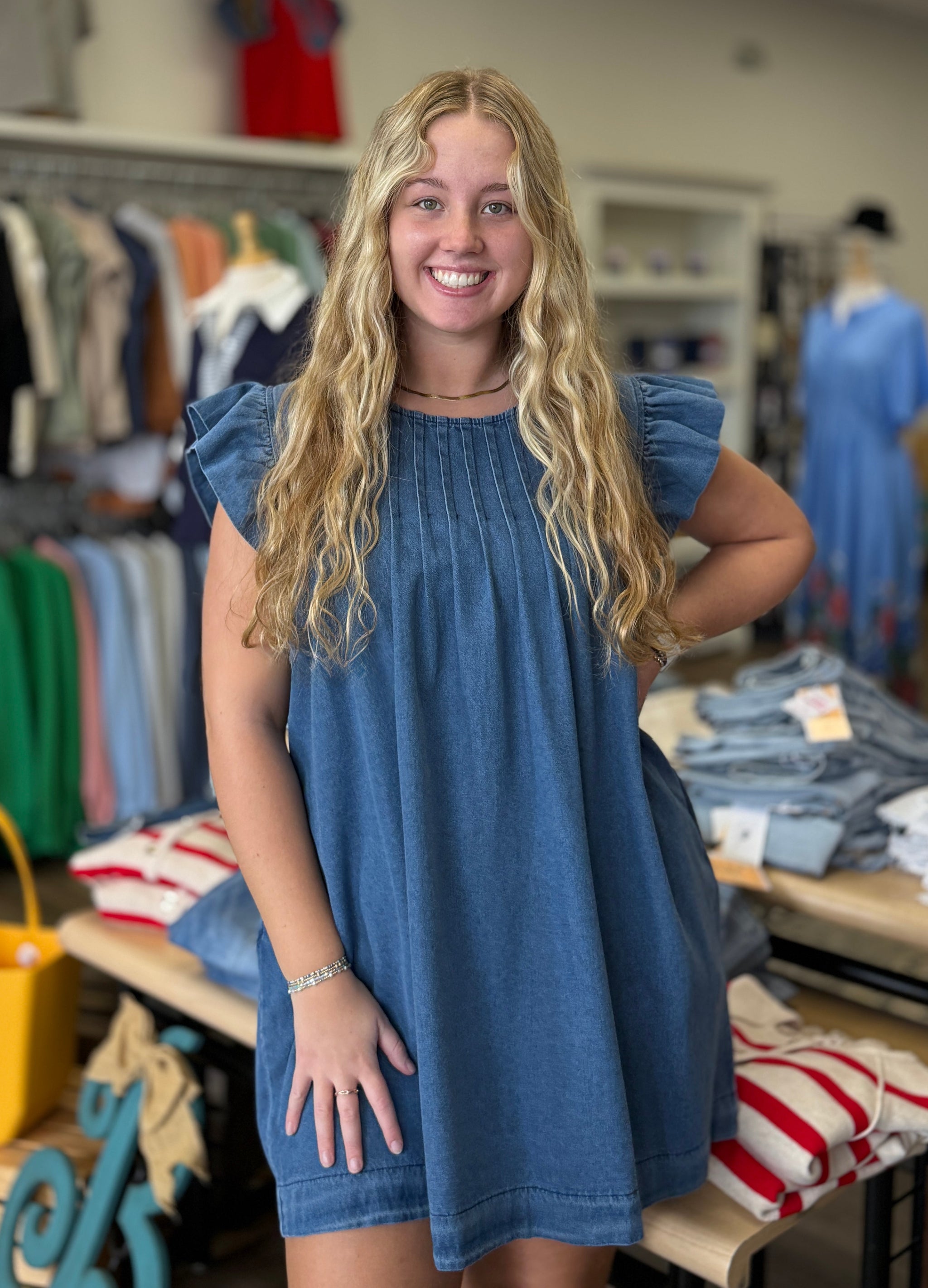 flutter sleeve denim dress THML Theira Flutter Sleeve Denim Dress L
