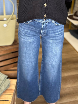 Dark Risen Mid Rise Crop  Wide Jeans - B3 Boutique, LLC