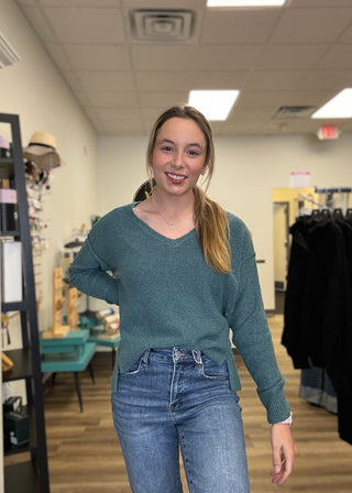 V-Neck Raw Edge Seam Pullover - B3 Boutique, LLC