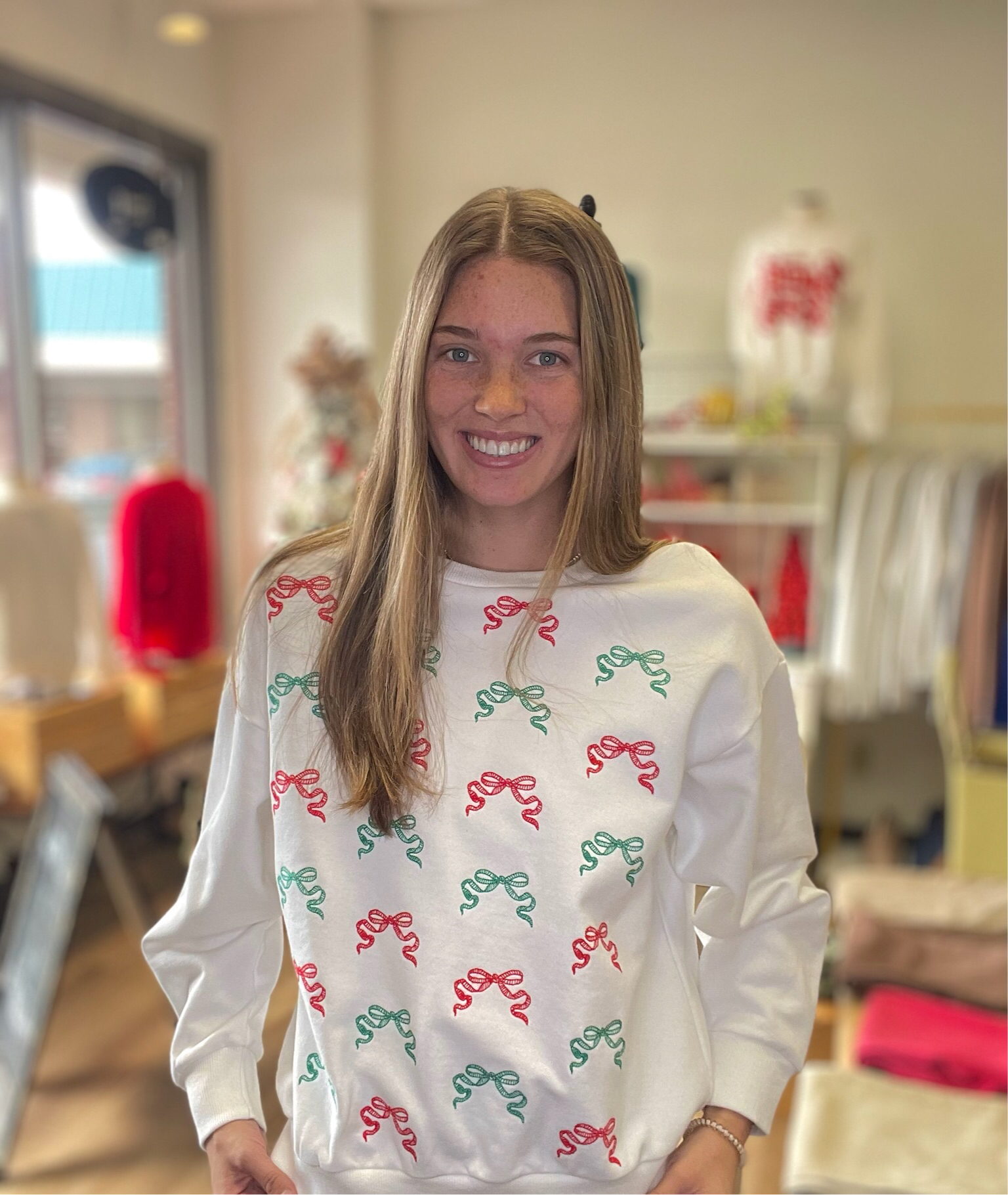 Christmas Bow Embroidered Sweatshirt - B3 Boutique, LLC