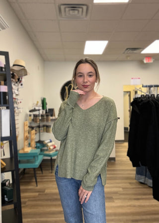 V-Neck Raw Edge Seam Pullover - B3 Boutique, LLC