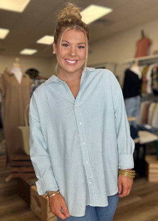 Long Sleeve Green Pinstripe Top - B3 Boutique, LLC