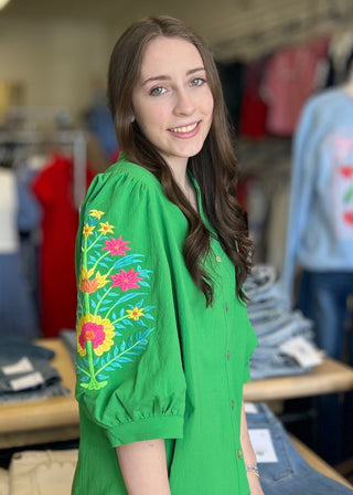 Kelly Green Top w/Embroidered Sleeve - B3 Boutique, LLC