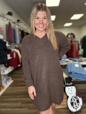 Brown V Neck Sweater Dress - B3 Boutique, LLC