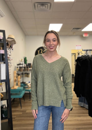 V-Neck Raw Edge Seam Pullover - B3 Boutique, LLC