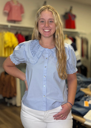 Blue Eyelet Collar Blouse - B3 Boutique, LLC
