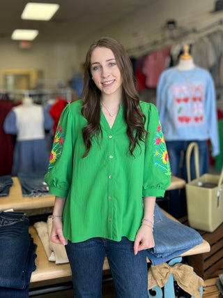 Kelly Green Top w/Embroidered Sleeve - B3 Boutique, LLC