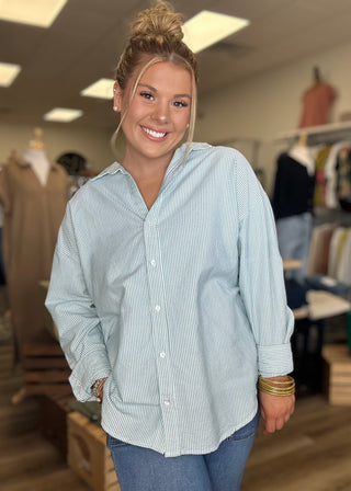 Long Sleeve Green Pinstripe Top - B3 Boutique, LLC