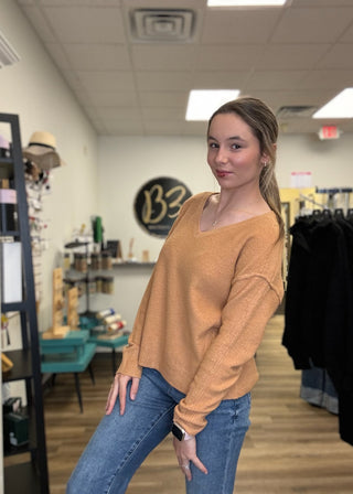 V-Neck Raw Edge Seam Pullover - B3 Boutique, LLC