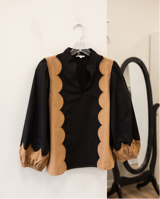 Black and Camel Scallop Top