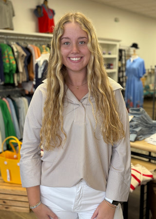 Taupe/ \White Stripe Top - B3 Boutique, LLC