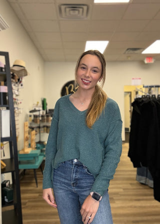V-Neck Raw Edge Seam Pullover - B3 Boutique, LLC