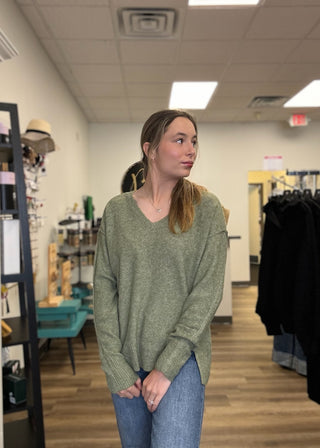 V-Neck Raw Edge Seam Pullover - B3 Boutique, LLC