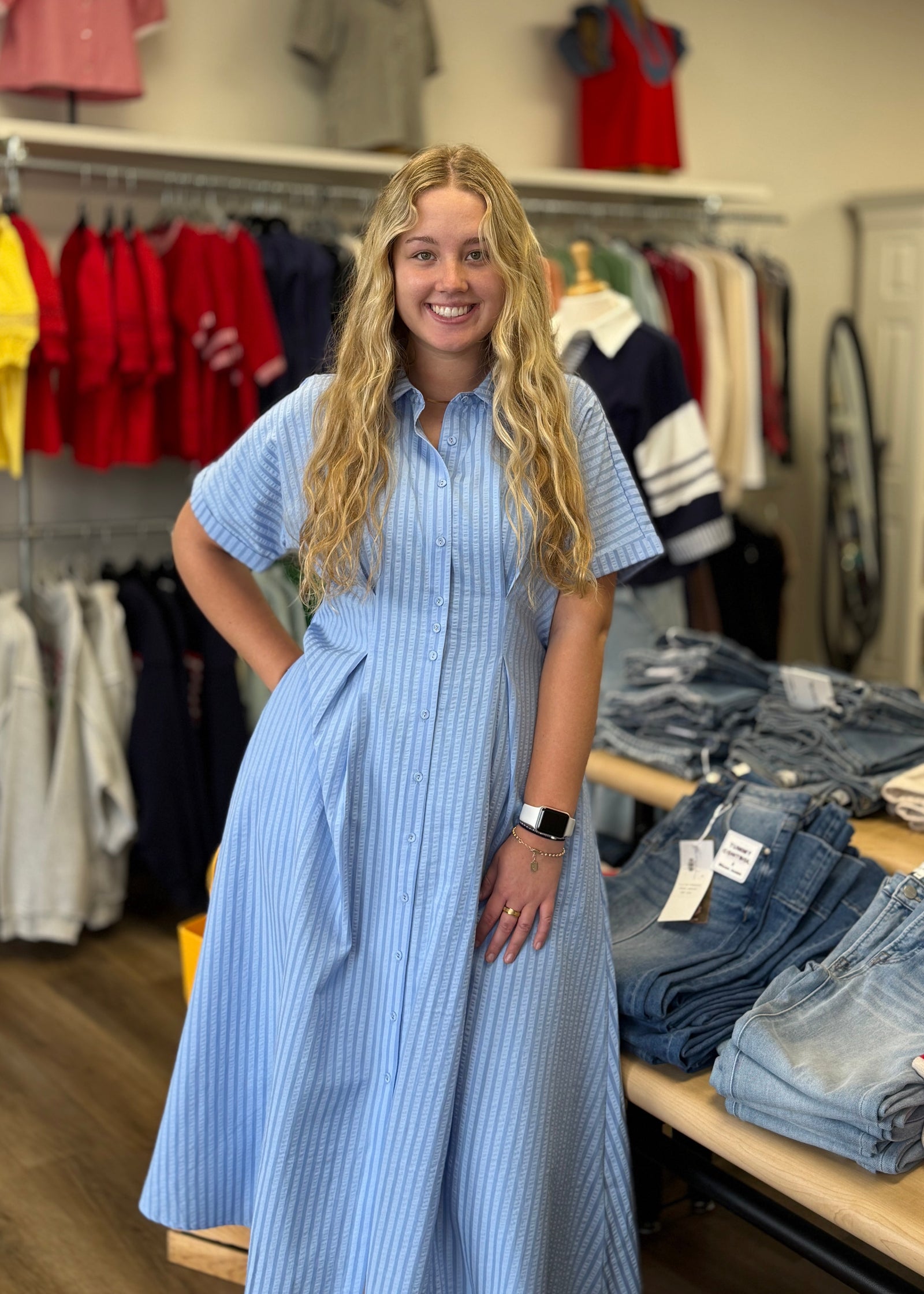 Stripe Button Front Maxi - B3 Boutique, LLC