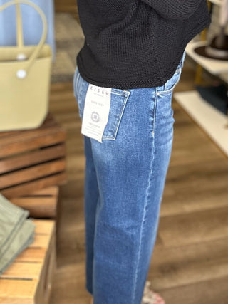 Dark Risen Mid Rise Crop  Wide Jeans - B3 Boutique, LLC