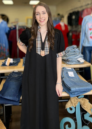 Maxi Black Dress W/Plaid Trim - B3 Boutique, LLC