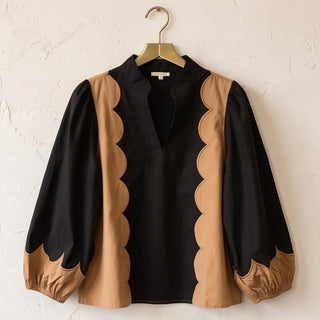 Black and Camel Scallop Top