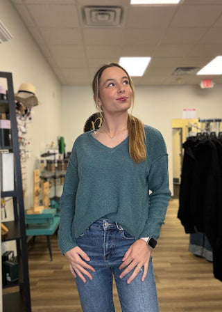 V-Neck Raw Edge Seam Pullover - B3 Boutique, LLC