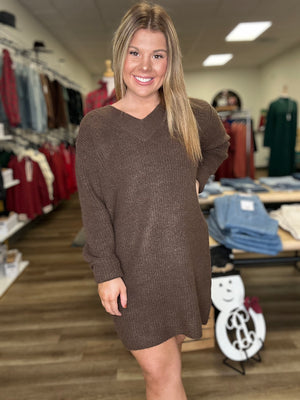 Brown V Neck Sweater Dress - B3 Boutique, LLC