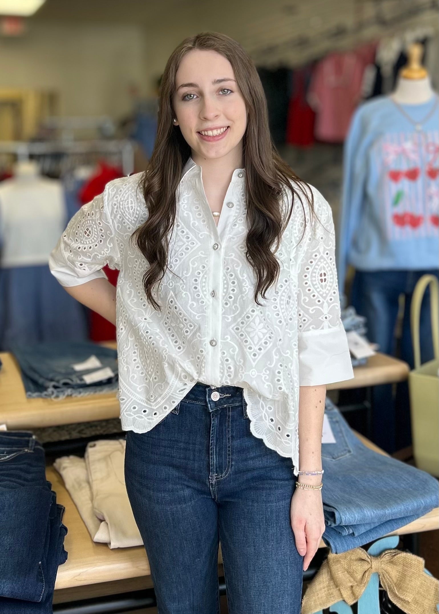 White Lined Eyelet Top - B3 Boutique, LLC