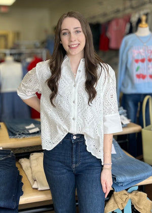 White Lined Eyelet Top - B3 Boutique, LLC