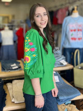Kelly Green Top w/Embroidered Sleeve - B3 Boutique, LLC