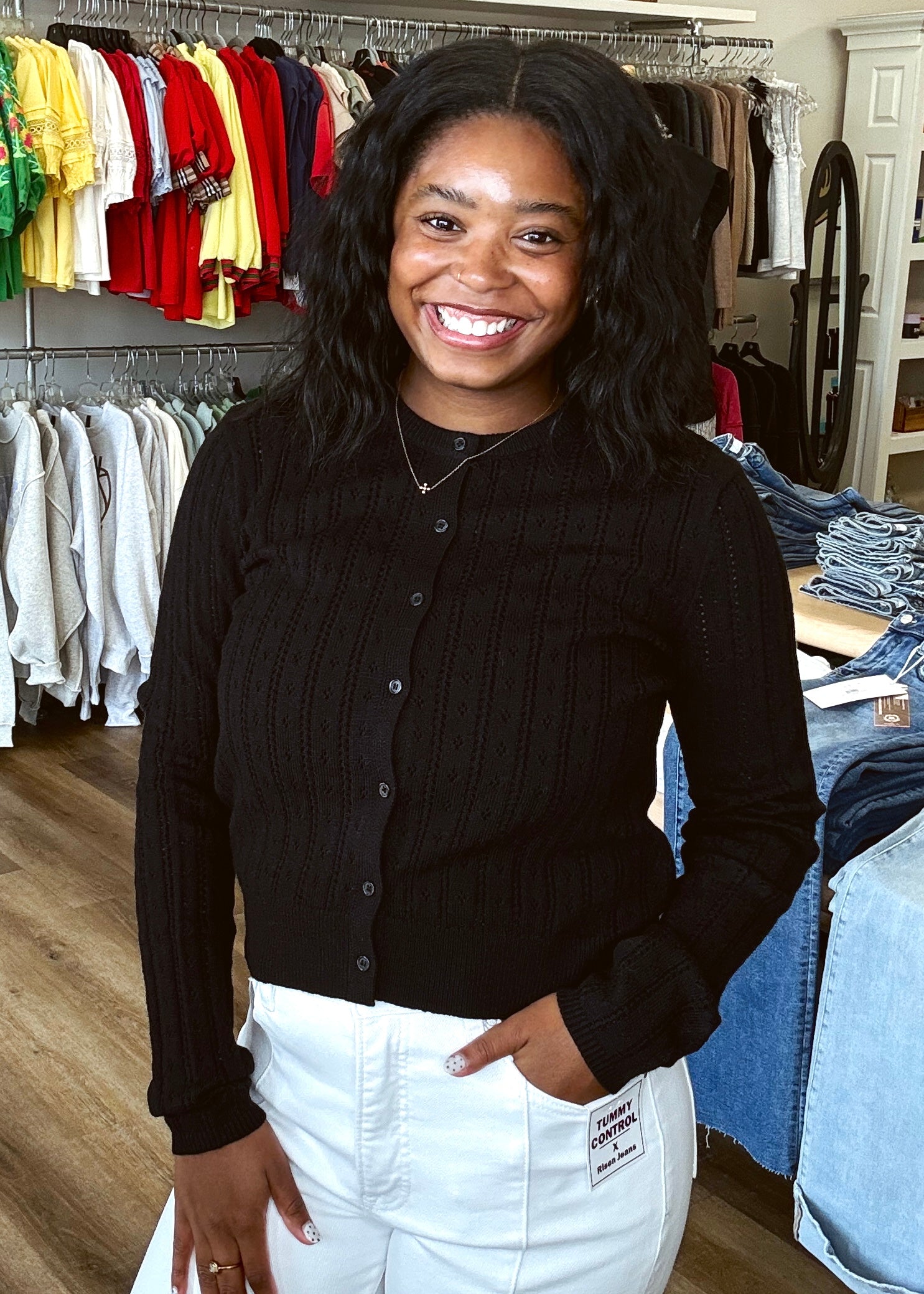 Black Pointelle Knit Cardi
