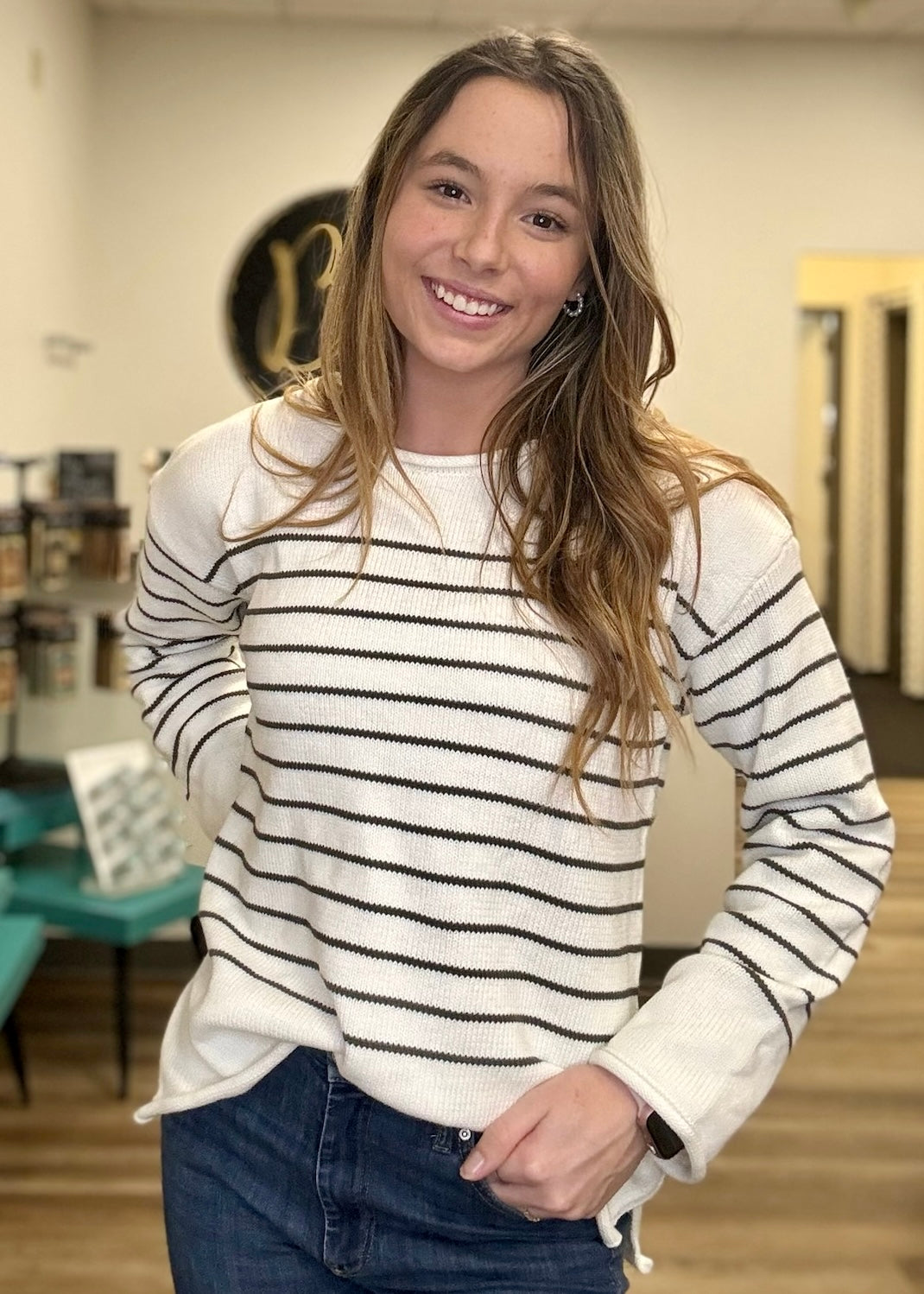 Cream/Olive Striped Sweater - B3 Boutique, LLC
