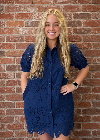 Navy Eyelet Dress - B3 Boutique, LLC