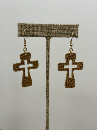 Small gold hammered cross earrings - B3 Boutique, LLC