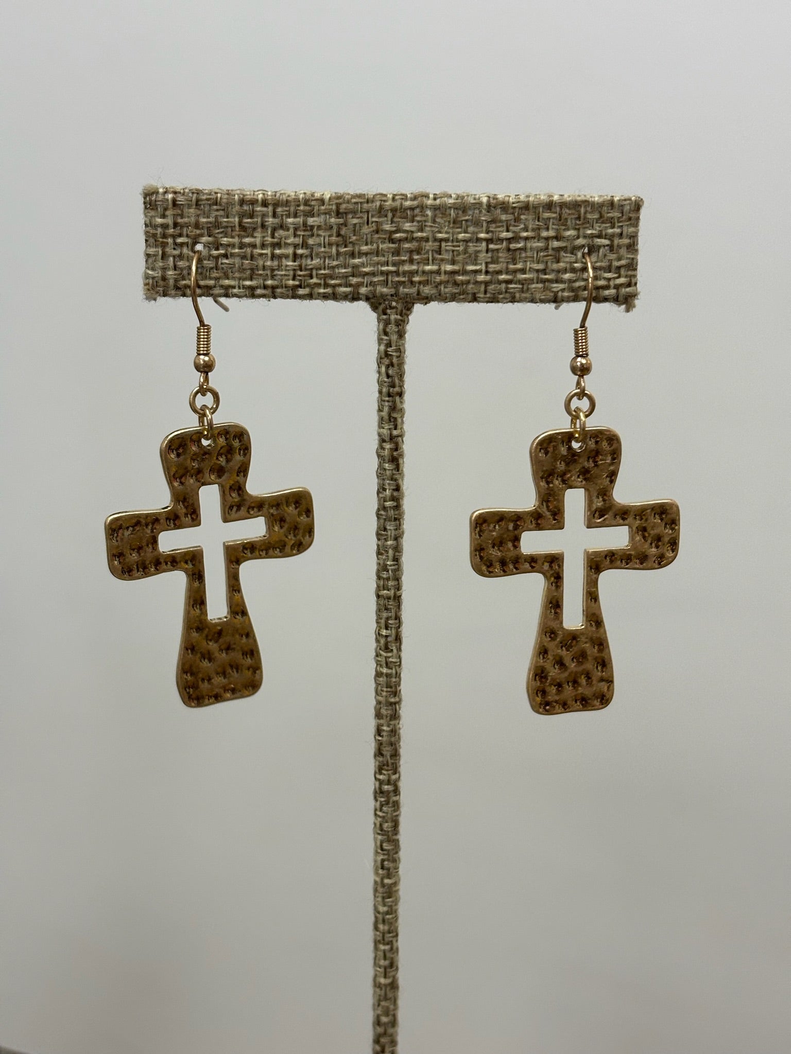 Small gold hammered cross earrings - B3 Boutique, LLC
