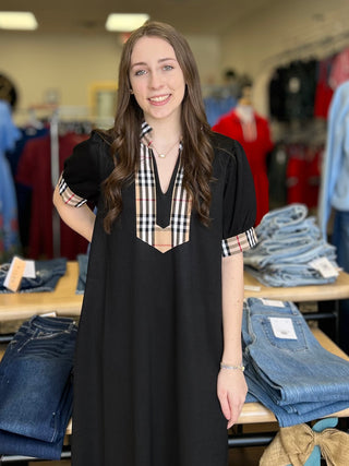 Maxi Black Dress W/Plaid Trim - B3 Boutique, LLC