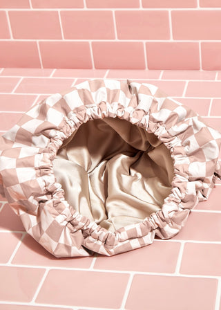 Satin Lined Flexi Shower Cap - Terracotta Checker - B3 Boutique, LLC