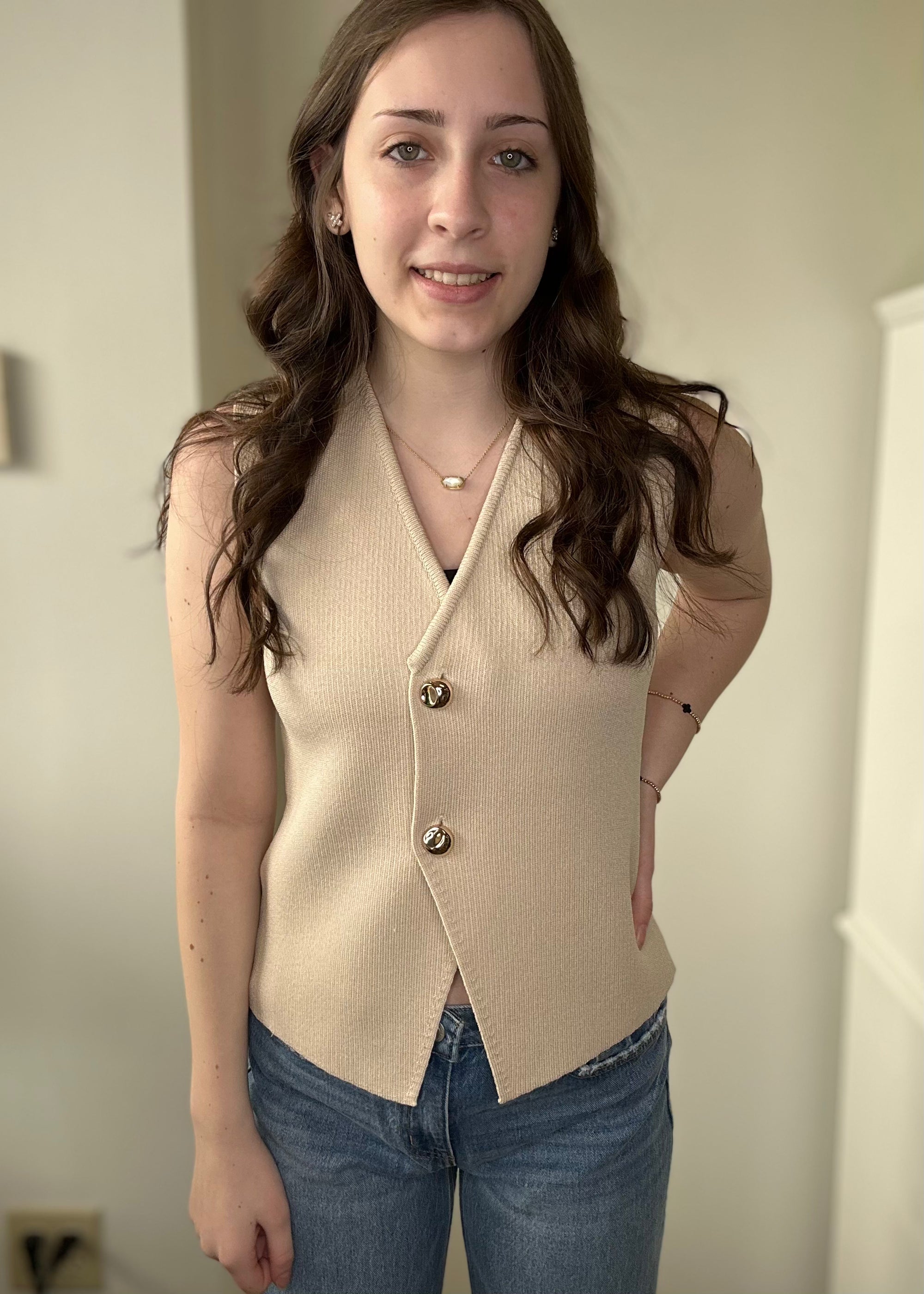 Taupe Sleeveless Gold Button Knit Vest