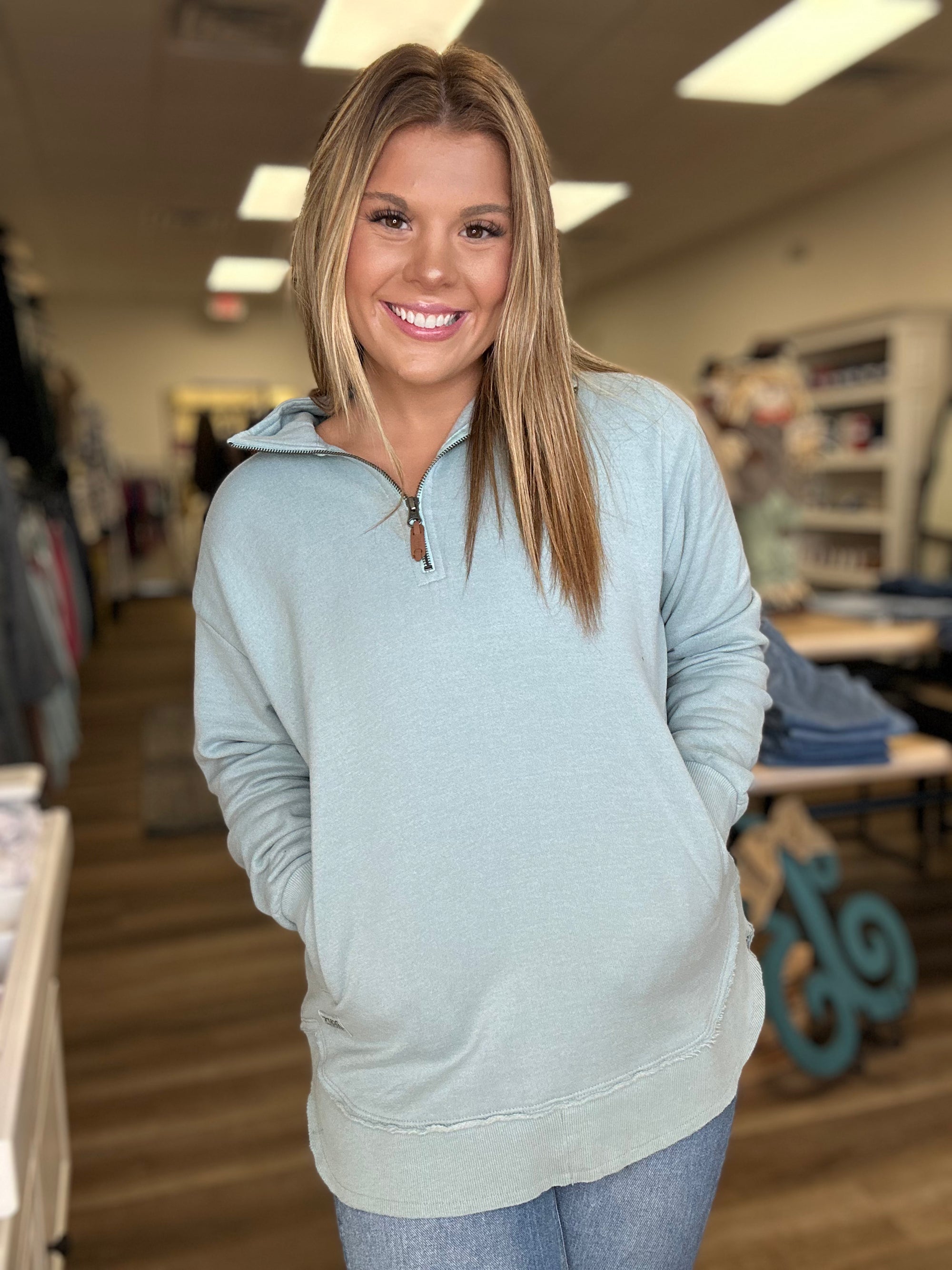 Melange Sojourn Quarter Zip Mist - B3 Boutique, LLC
