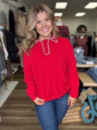 Red Collared Sweater - B3 Boutique, LLC