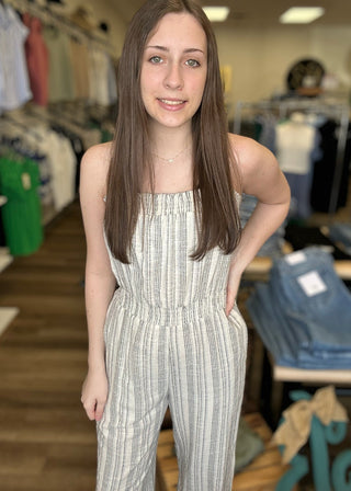 Striped Linen Blend Jumpsuit - B3 Boutique, LLC