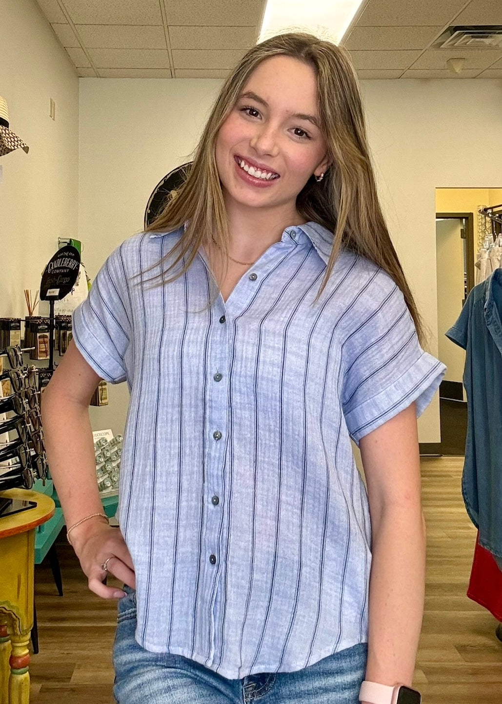 Pin Stripe Short Sleeve Button Up - B3 Boutique, LLC