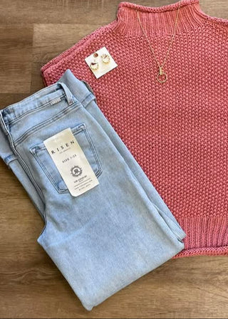 Risen Light Denim High Rise Ankle Wide Leg Cuff Jeans - B3 Boutique, LLC