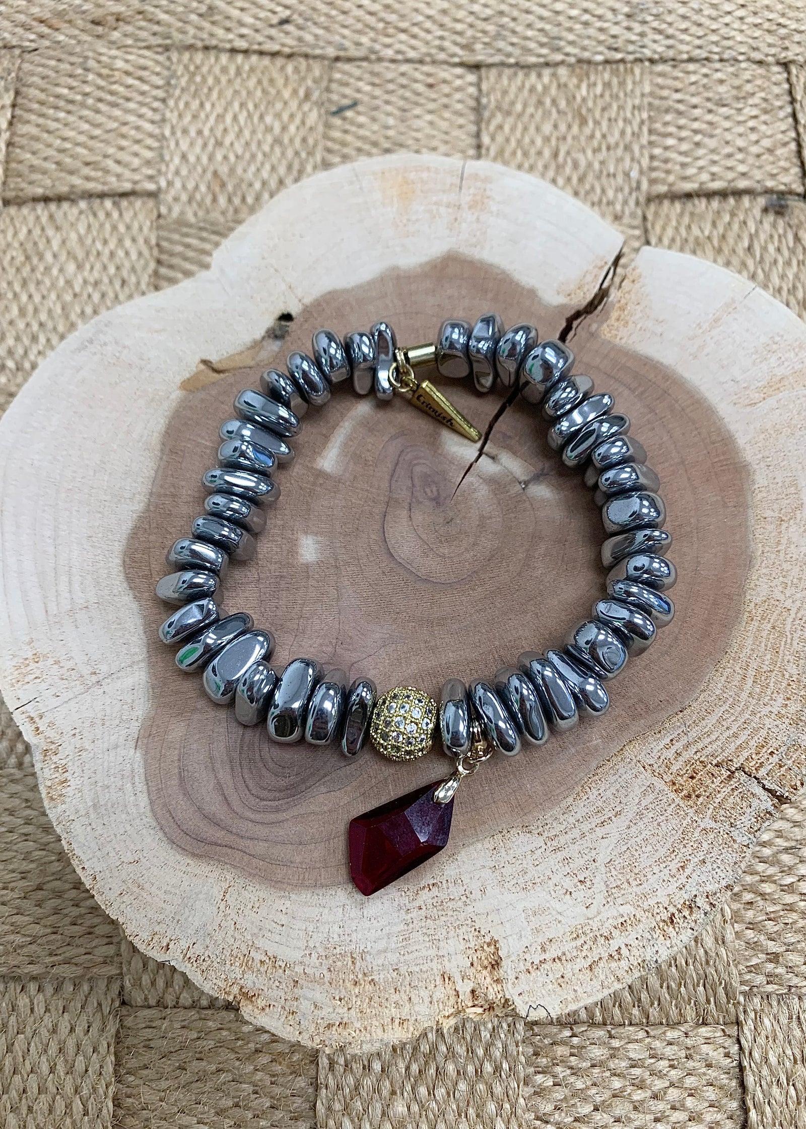 Silver Beaded Bracelet w Red Charm - B3 Boutique, LLC