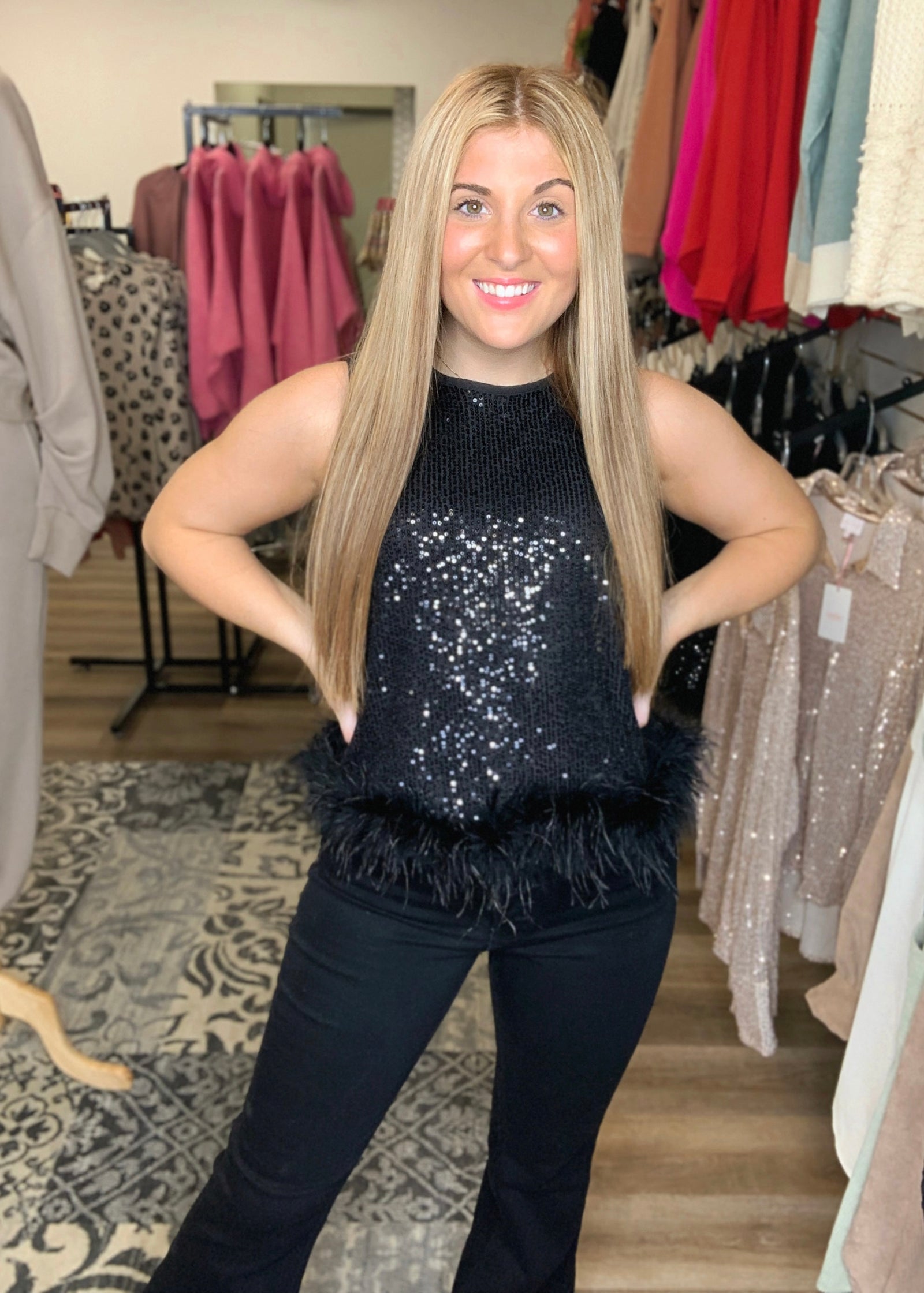 Feathers & Sequins Tank - B3 Boutique, LLC